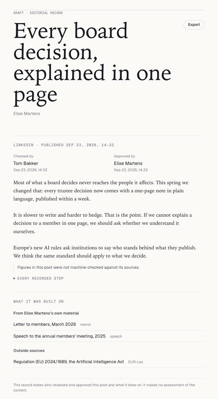 An example editorial record for a LinkedIn post: checked by Tom Bakker, approved by Elise Martens, built on two of her own earlier pieces and the EU AI Act.